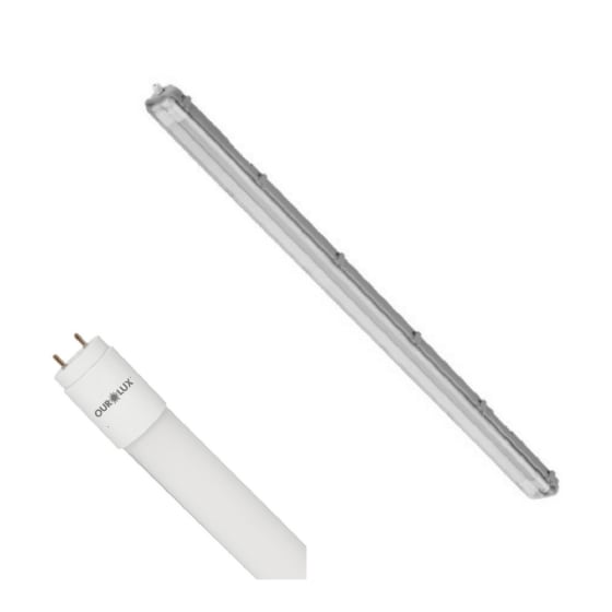 KIT LUMINARIA HERMETICA SOBREPOR COM 2 LAMPADAS DE 120CM T8 18W