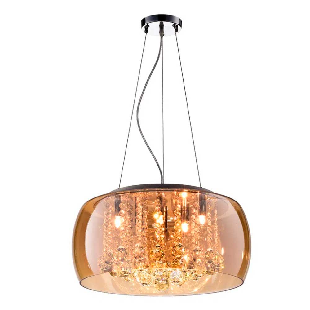 Pendente/Plafon Soho Cristal e Vidro Ambar e Cromado 50x28cm p/ 6 Lampadas G9 - Bella