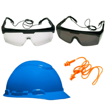 KIT CAPACETE AZUL + OCULOS DE SEGURANCA + PROTETOR AUDITIVO
