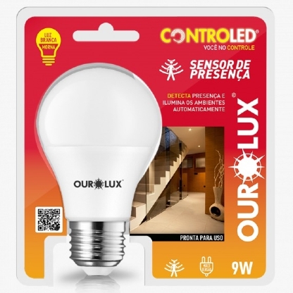 LAMPADA LED BULBO INTELIGENTE SENSOR DE PRESENÇA E27 9W BIVOLT LUZ AMARELA 2700K 740LM - OUROLUX
