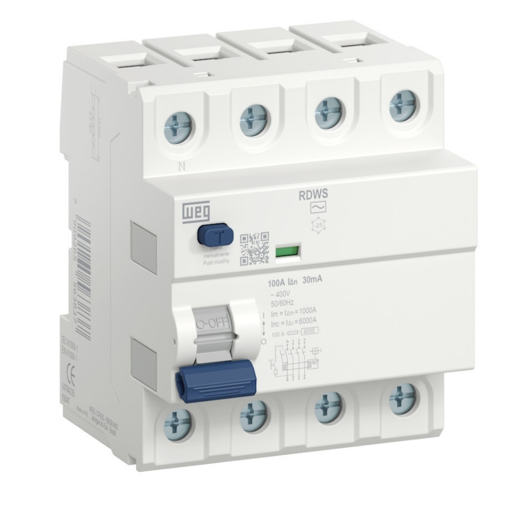 INTERRUPTOR DIFERENCIAL DR 4 POLO 100A 30MA CLASSE AC - WEG