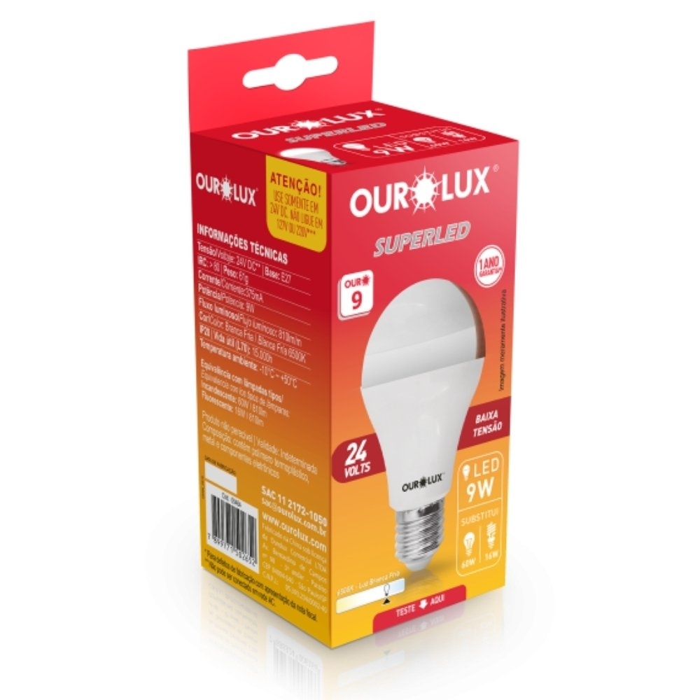 LAMPADA LED BULBO E27 9W 24V 6500K 810LM - OUROLUX