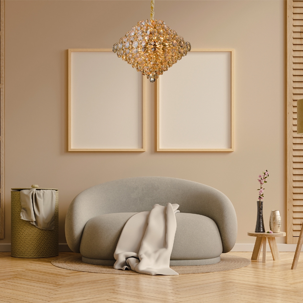 PENDENTE DIAMOND PARA 12 LAMPADAS G9 CRISTAL CABO 85CM DOURADO - HEVVY