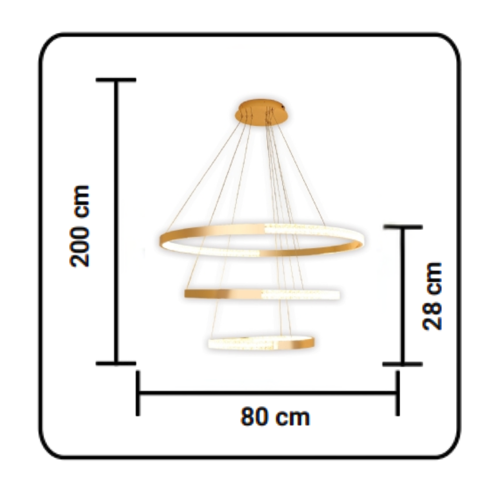 PENDENTE LED ROMA 50W LUZ AMARELA 3000K 8800LM DOURADO 3 ANEIS - HEVVY