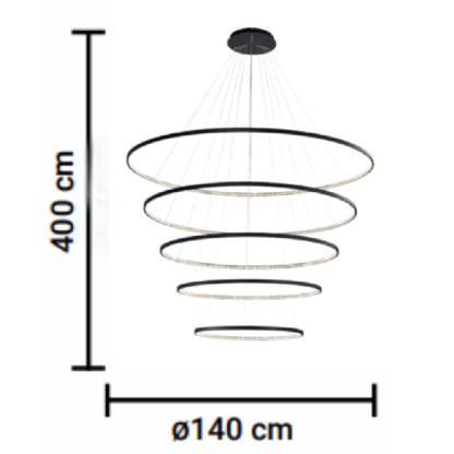 PENDENTE LED MILANO 157W LUZ AMARELA 3000K 15700LM PRETO 5 ANEIS - HEVVY