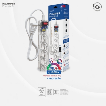 PROTETOR DE SURTO PARA 5 TOMADAS COM FILTRO DE LINHA TRANSPARENTE - CLAMPER