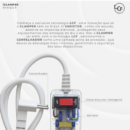 PROTETOR DE SURTO PARA 5 TOMADAS COM FILTRO DE LINHA TRANSPARENTE - CLAMPER