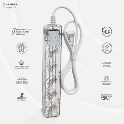 PROTETOR DE SURTO PARA 5 TOMADAS COM FILTRO DE LINHA TRANSPARENTE - CLAMPER