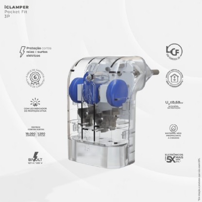PLUG TOMADA PROTETOR DE SURTO 3P 10A CLASSE 3 TRANSPARENTE - CLAMPER