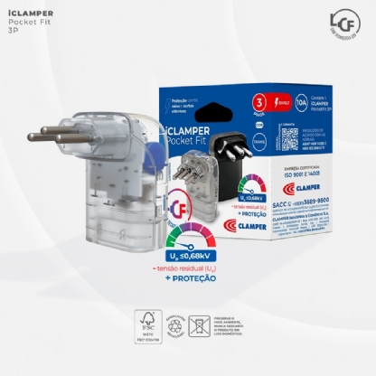 PLUG TOMADA PROTETOR DE SURTO 3P 10A CLASSE 3 TRANSPARENTE - CLAMPER