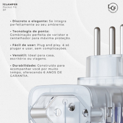 PLUG TOMADA PROTETOR DE SURTO 3P 10A CLASSE 3 TRANSPARENTE - CLAMPER