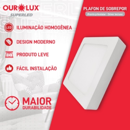 PAINEL LED SOBREPOR QUADRADO 12W BIVOLT LUZ NEUTRA 4000K 17CM - OUROLUX