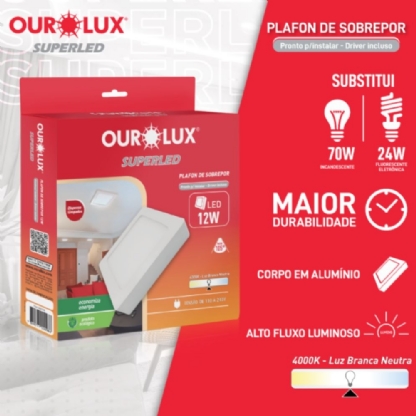 PAINEL LED SOBREPOR QUADRADO 12W BIVOLT LUZ NEUTRA 4000K 17CM - OUROLUX