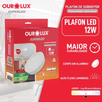 PAINEL LED SOBREPOR REDONDO 12W BIVOLT LUZ NEUTRA 4000K 17CM - OUROLUX