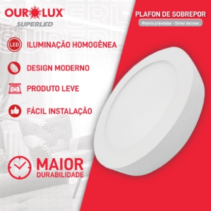 PAINEL LED SOBREPOR REDONDO 12W BIVOLT LUZ NEUTRA 4000K 17CM - OUROLUX