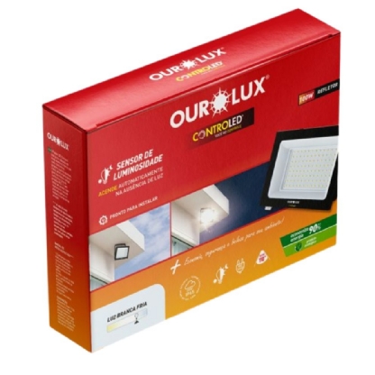 PROJETOR LED 100W BIVOLT LUZ BRANCA 6500K 6750LM SENSOR LUMINOSO - OUROLUX