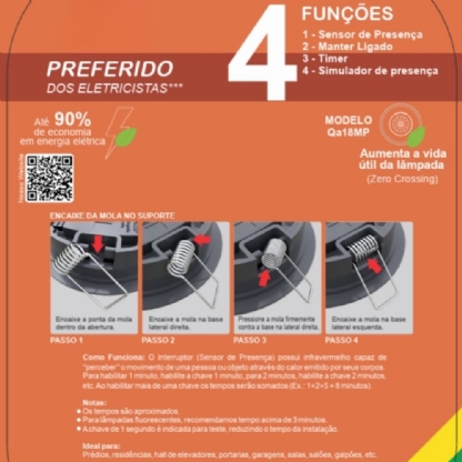 SENSOR PRESENCA 360G SOBREPOR/EMBUTIR TETO MICROCONTROLADOR PRETO - QUALITRONIX