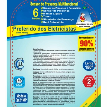 SENSOR PRESENCA 180G SOBREPOR PAREDE FOTOCELULA MICROCONTROLADOR PRETO - QUALITRONIX