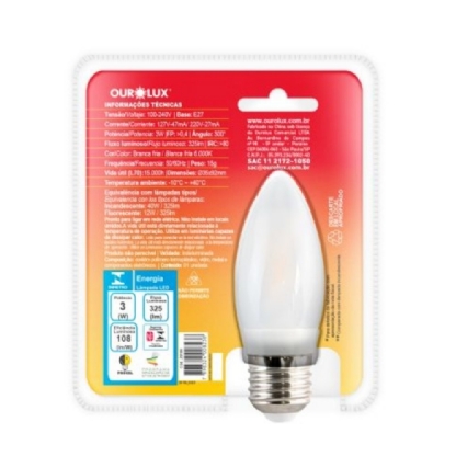 LAMPADA LED VELA FILAMENTO E27 3W BIVOLT LUZ BRANCA 6000K 290LM - OUROLUX