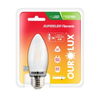 LAMPADA LED VELA FILAMENTO E27 3W BIVOLT LUZ BRANCA 6000K 290LM - OUROLUX