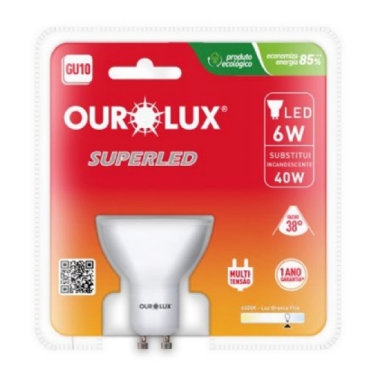 LAMPADA LED DICROICA GU10 6W BIVOLT LUZ BRANCA 6500K 38G 420LM - OUROLUX