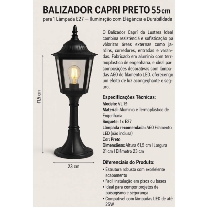 BALIZADOR PARA 1 LAMPADA E27/A60 55CM PRETO ALUMINIO CAPRI - LUSTRES IDEAL