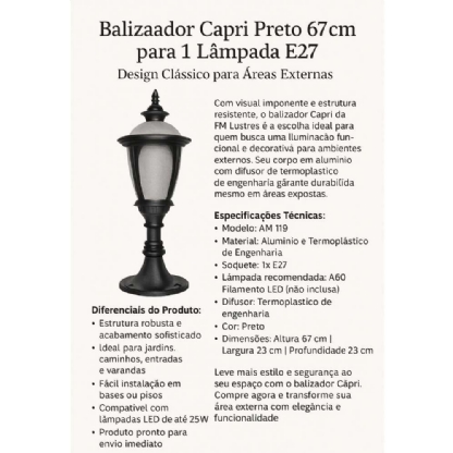 BALIZADOR PARA 1 LAMPADA E27/A60 67CM PRETO CAPRI - LUSTRES IDEAL