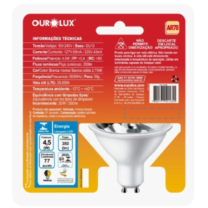 LAMPADA LED AR70 GU10 4,5W BIVOLT LUZ AMARELA 2700K 350LM - OUROLUX
