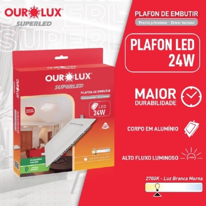 Painel Led Quadrado Embutir 24W Bivolt Luz Amarela 1440LM 30cm - Ourolux