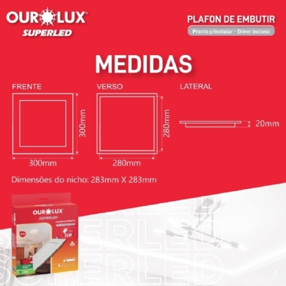 Painel Led Quadrado Embutir 24W Bivolt Luz Amarela 1440LM 30cm - Ourolux