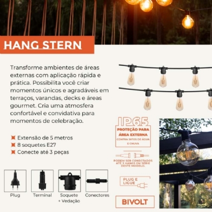 FESTAO VARAL COM 8 SOQUETES E27 PRETO IP65 5 METROS - BLUMENAU