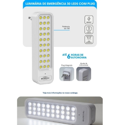 LUMINARIA LED EMERGENCIA 30 LEDS 1W 50/100LM BIVOLT COM PLUG - BLUMENAU
