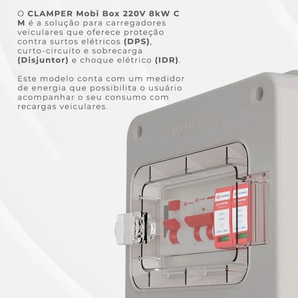 QUADRO PROTETOR DE CARREGADOR VEICULAR 8KW 220V 32A COM MEDIDOR DE CONSUMO MOBI BOX - CLAMPER