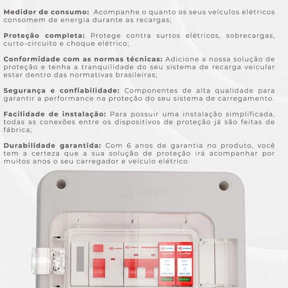 QUADRO PROTETOR DE CARREGADOR VEICULAR 8KW 220V 32A COM MEDIDOR DE CONSUMO MOBI BOX - CLAMPER