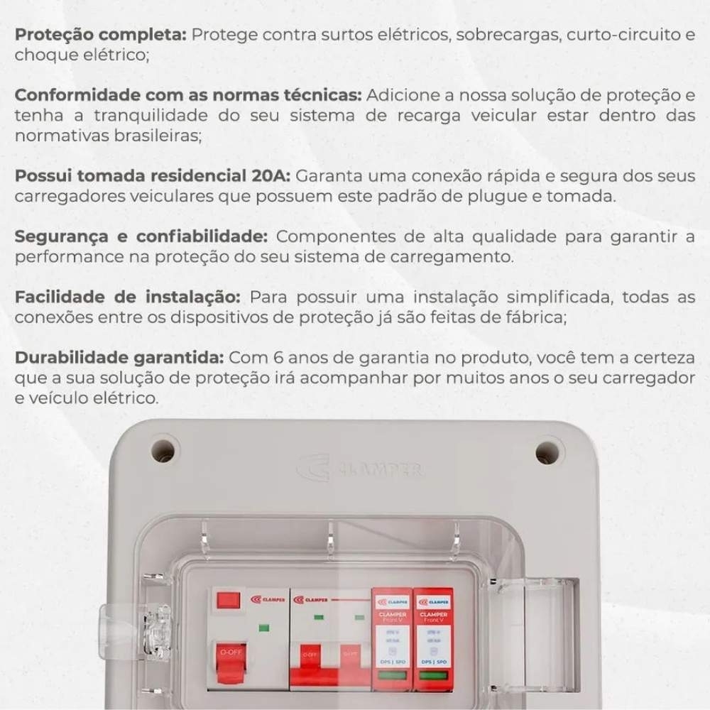 QUADRO PROTETOR DE CARREGADOR VEICULAR 5KW 220V 40A COM TOMADA 2P+T 20A CINZA - CLAMPER