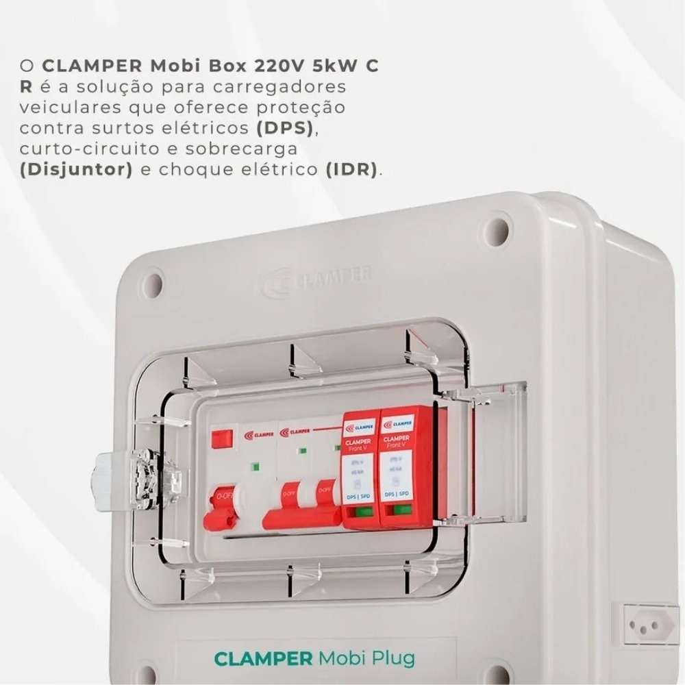 QUADRO PROTETOR DE CARREGADOR VEICULAR 5KW 220V 40A COM TOMADA 2P+T 20A CINZA - CLAMPER