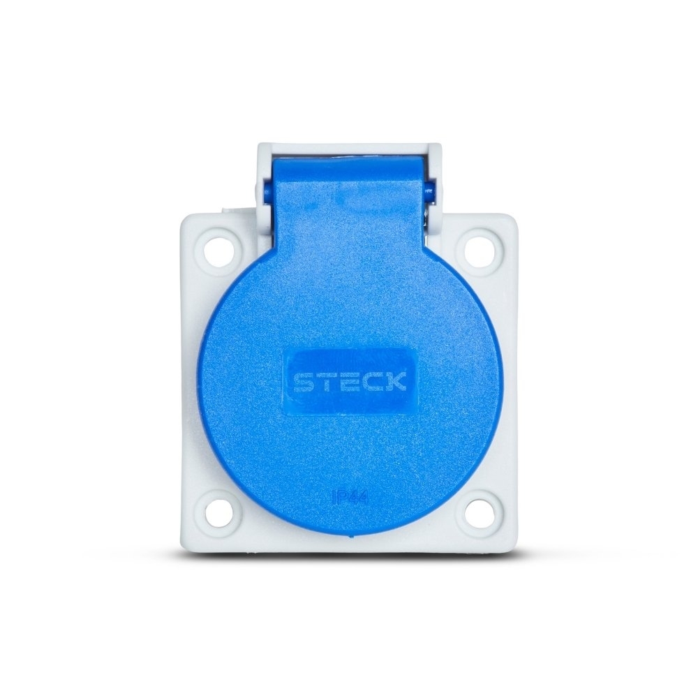 TOMADA INDUSTRIAL EMBUTIR 2 POLOS + TERRA 10A 250V QUASAR COM TAMPA AZUL - STECK