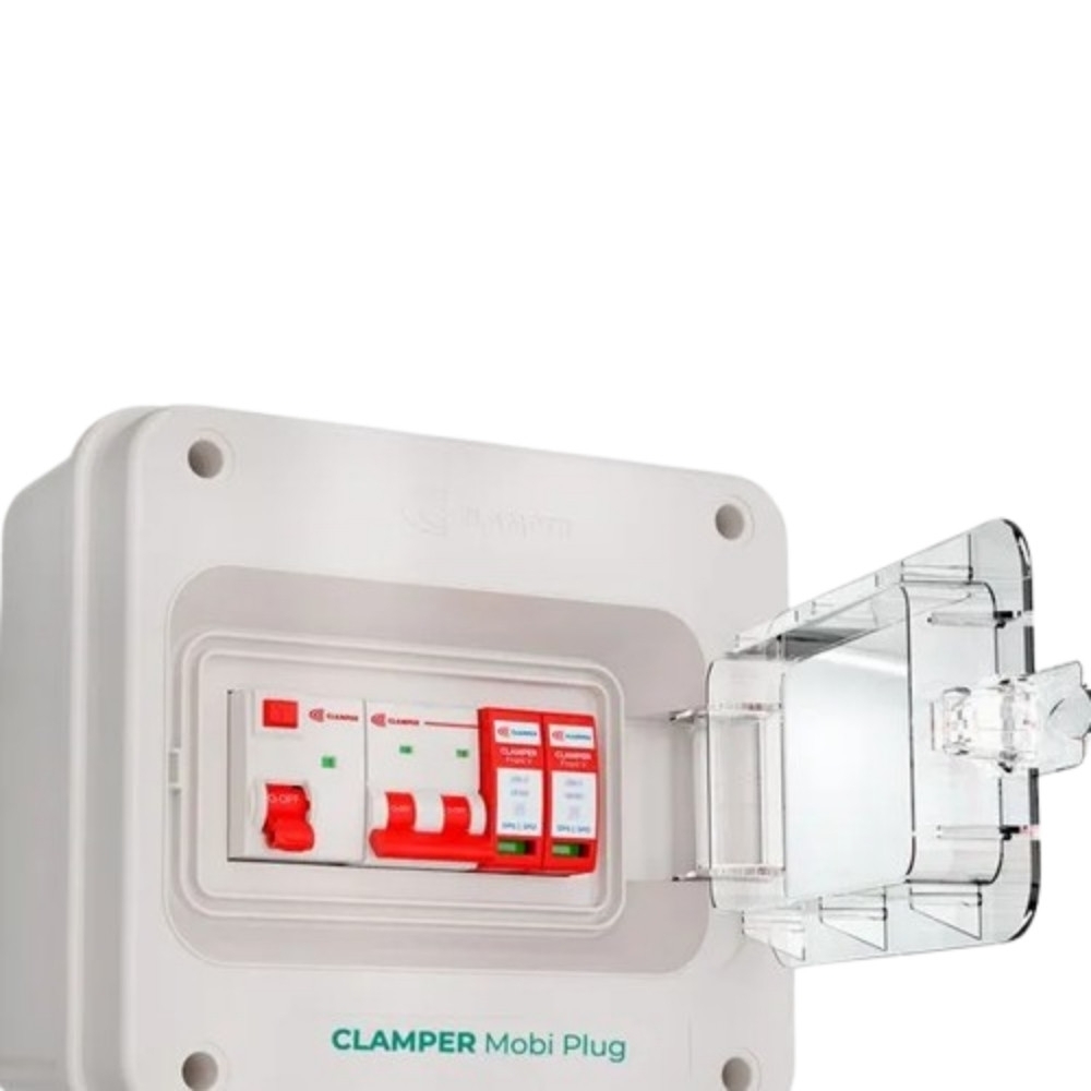 QUADRO PROTETOR DE CARREGADOR VEICULAR 5KW 220V 40A COM TOMADA 2P+T 20A CINZA - CLAMPER