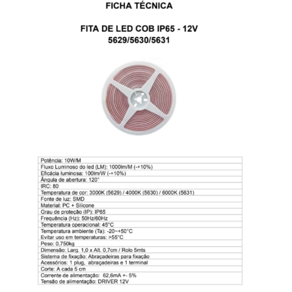 FITA LED COB 10W/METRO 12V LUZ AMARELA 3000K 1000LM IP65 ROLO 5 METROS - GAYA