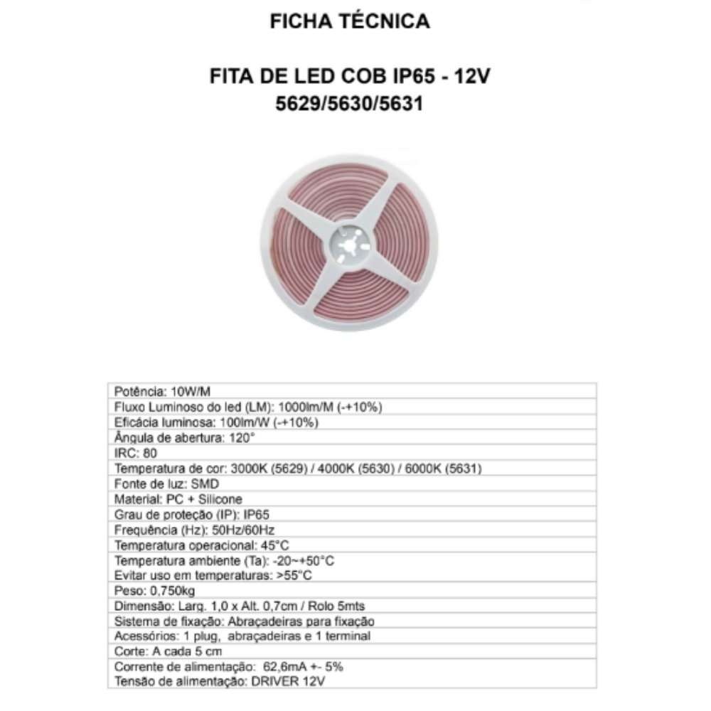 FITA LED COB 10W/METRO 12V LUZ NEUTRA 4000K 1000LM IP65 ROLO 5 METROS - GAYA