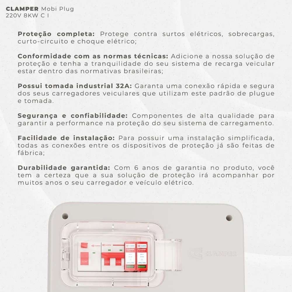QUADRO PROTETOR DE CARREGADOR VEICULAR 220V 8KW COM TOMADA INDUSTRIAL 32A - CLAMPER