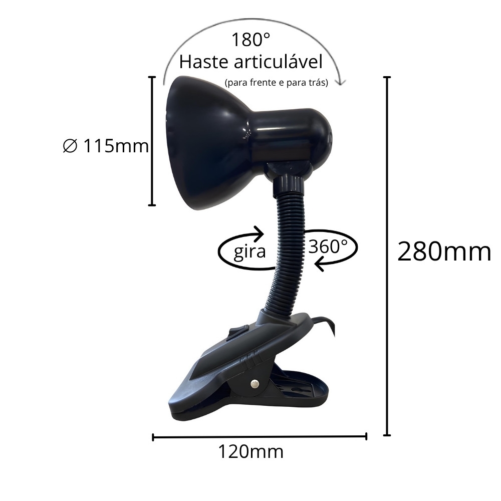 LUMINARIA DE MESA VIKING PARA 1 LAMPADA E27 CLIP PRETO BIVOLT - LUMINATTI