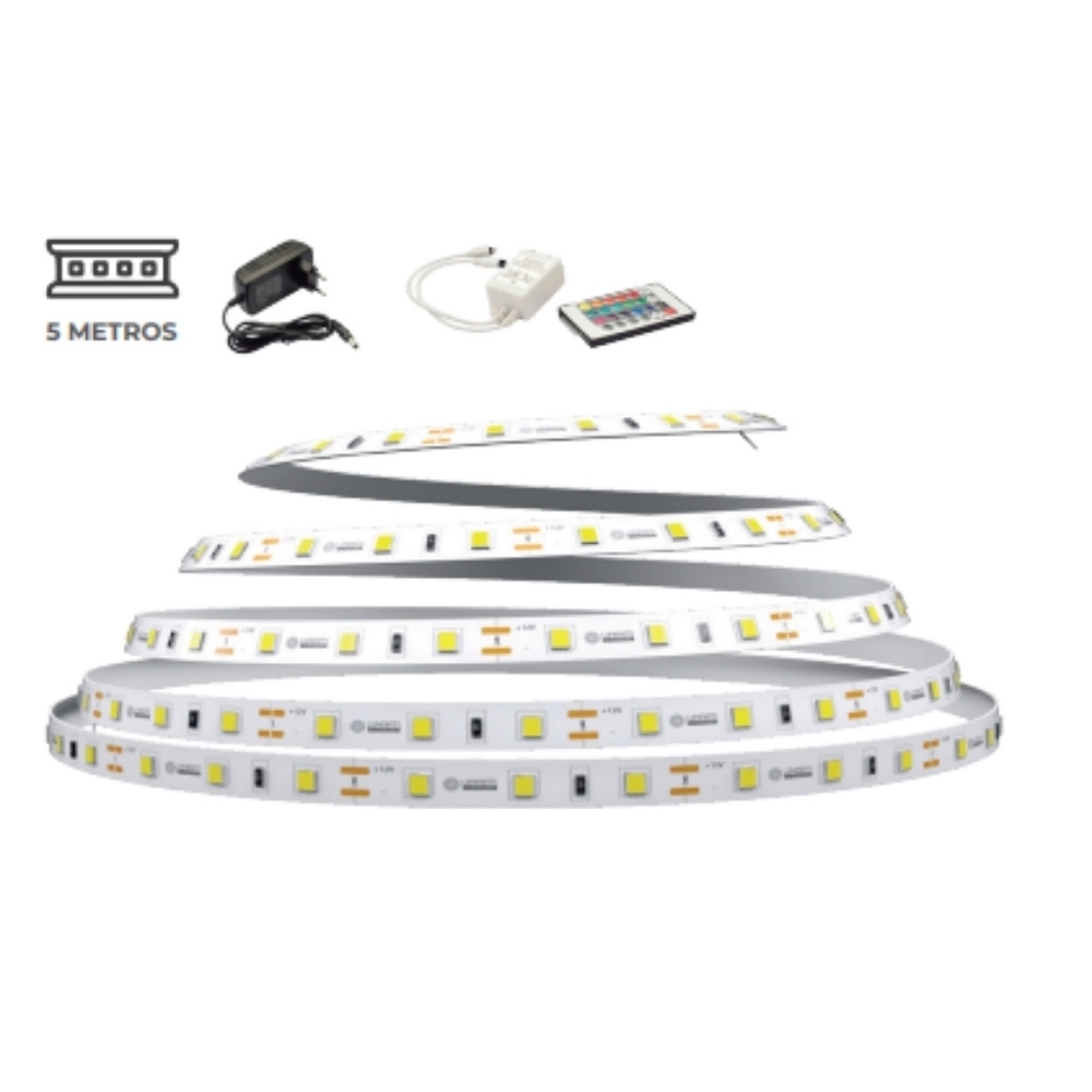 FITA LED 5W/M 12V RGB IP20 ROLO 5 METROS COM CONTROLE E ADAPTADOR - LUMINATTI