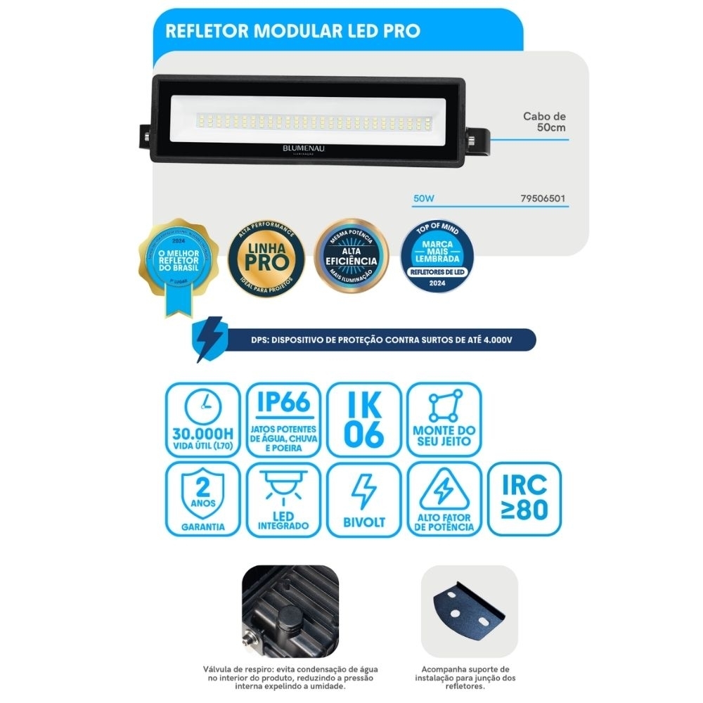 PROJETOR LED 50W BIVOLT LUZ BRANCA 6500K 5000LM IP66 RT PRETO MODULAR - BLUMENAU