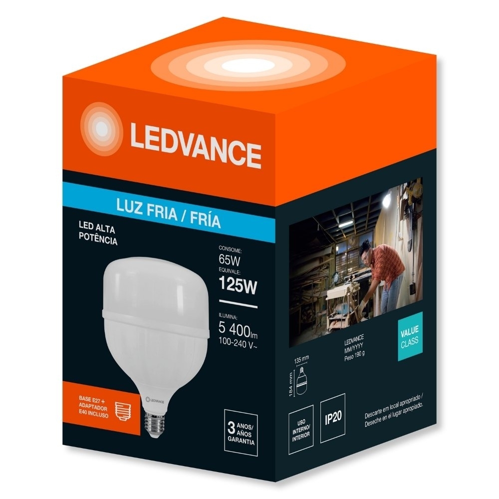 LAMPADA LED ALTA POTENCIA E27 65W BIVOLT LUZ BRANCA 6500K COM ADAPTADOR E40 - LEDVANCE