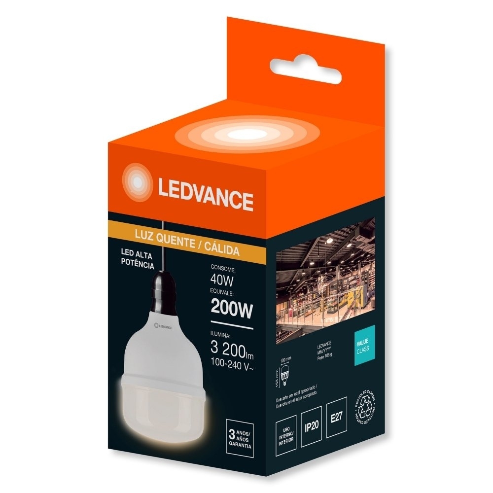 LAMPADA LED ALTA POTENCIA E27 40W BIVOLT LUZ AMARELA 3000K 3200LM - LEDVANCE