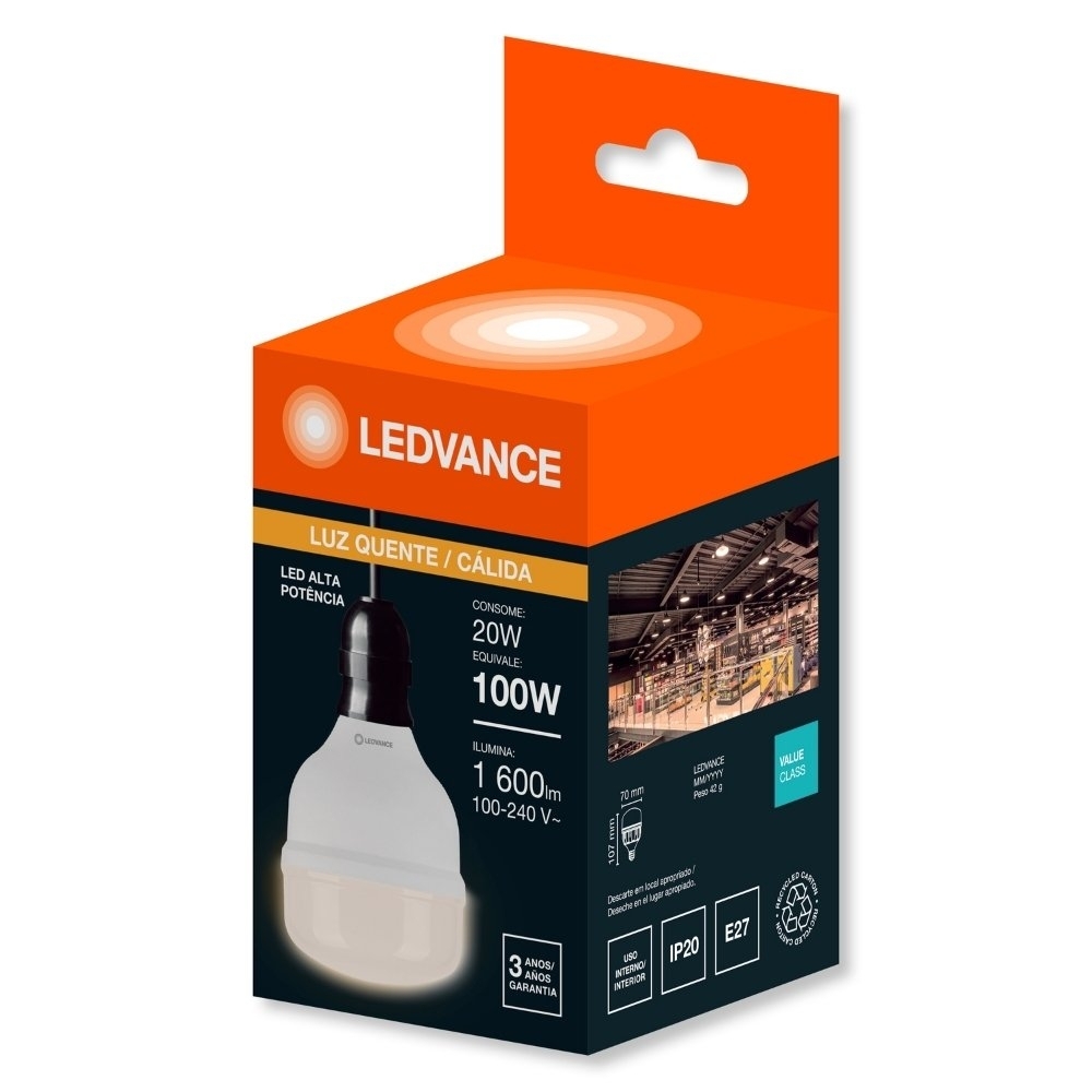 LAMPADA LED ALTA POTENCIA E27 20W BIVOLT LUZ AMARELA 3000K 1600LM - LEDVANCE