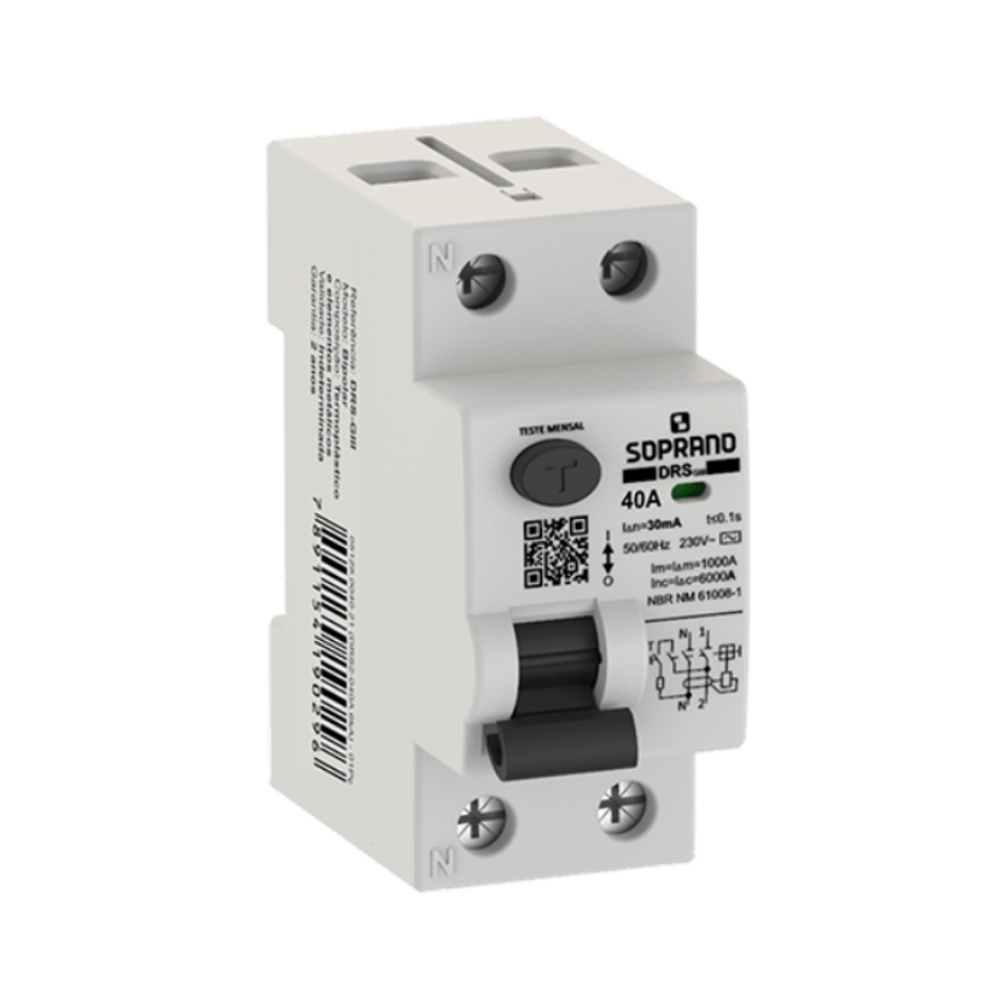 INTERRUPTOR DIFERENCIAL DR BIPOLAR 40A 30MA CLASSE AC - SOPRANO