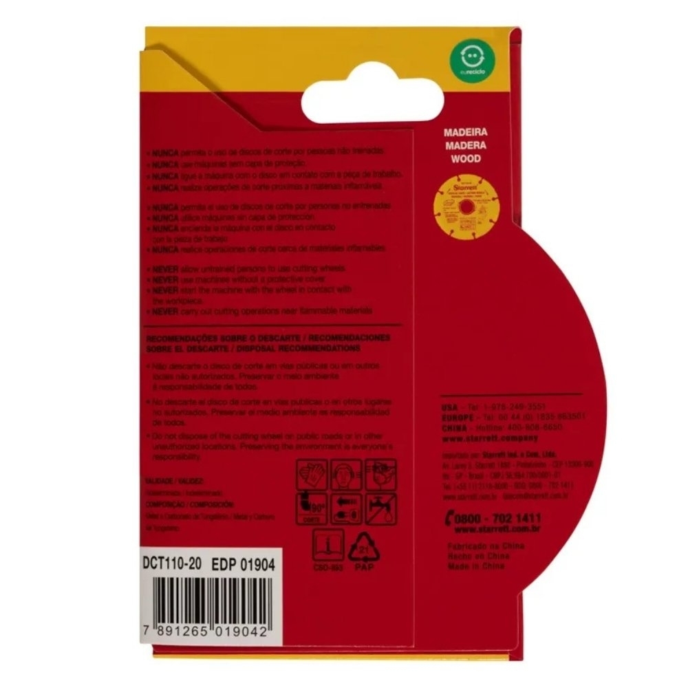 DISCO CORTE TUNGSTENIO PARA MADEIRA 110MM - STARRETT