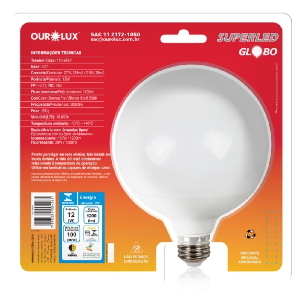 Lampada Led Globo 12w Bivolt Luz Branca - Ourolux